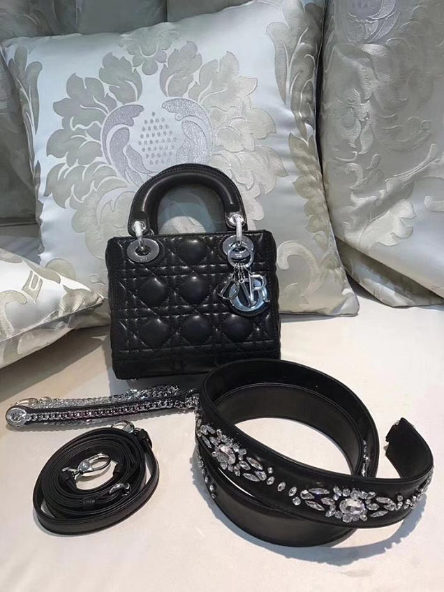 Christian Dior Lady Dior Bag with Crystal Shoulder Strap 17cm Silver Hardware Fall Winter 2017 Collection Black