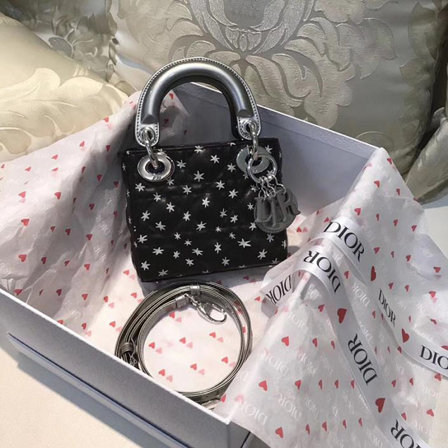 Christian Dior Lady Dior Bag with Chain and Star Print 17cm Silver Hardware Fall Winter 2017 Collection Black