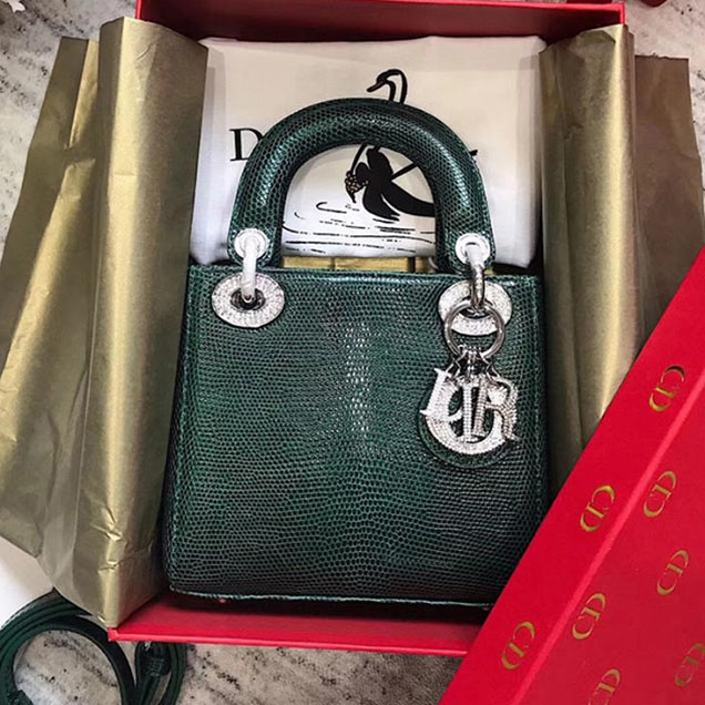 Christian Dior Lady Dior Bag with Lizard Skin 17cm Diamond Encrusted Silver Hardware Fall Winter 2017 Collection Dark Green