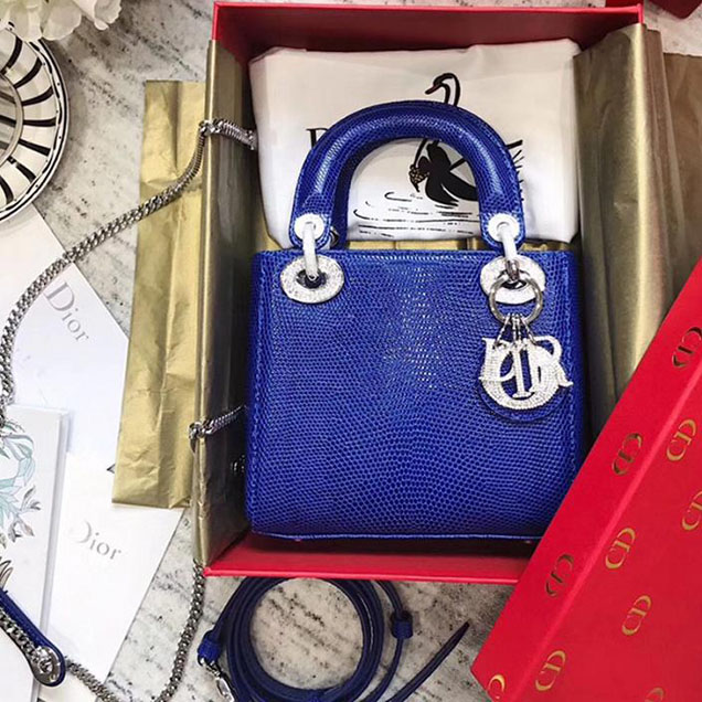 Christian Dior Lady Dior Bag with Lizard Skin 17cm Diamond Encrusted Silver Hardware Fall Winter 2017 Collection Electric Blue