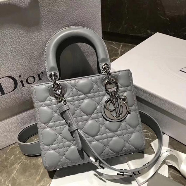 Christian Dior My Lady Dior Bag with Lucky Badges Strap 20cm Gold Hardware Cannage Supple Lambskin Leather Fall Winter 2017 Collection Grey