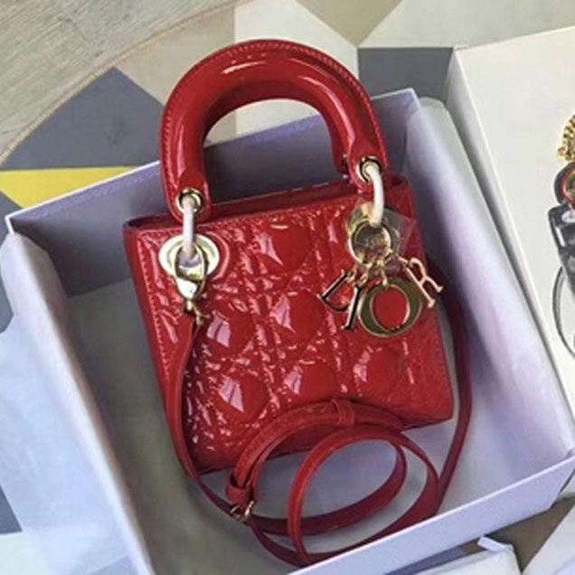 Christian Dior Lady Dior Bag with Chain 18cm Gold Hardware Cannage Patent Lambskin Leather Cruise 2017 Collection Red