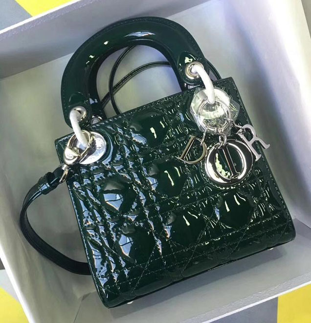 Christian Dior Lady Dior Bag with Chain 18cm Silver Hardware Cannage Patent Lambskin Leather Cruise 2017 Collection Forest Green