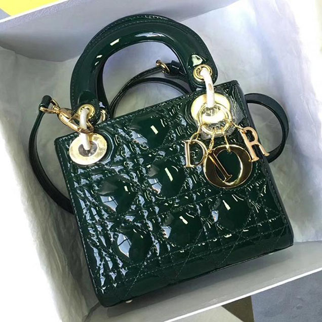 Christian Dior Lady Dior Bag with Chain 18cm Gold Hardware Cannage Patent Lambskin Leather Cruise 2017 Collection Forest Green