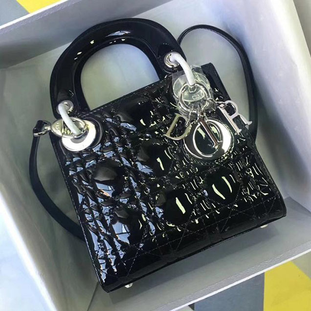 Christian Dior Lady Dior Bag with Chain 18cm Silver Hardware Cannage Patent Lambskin Leather Cruise 2017 Collection Black