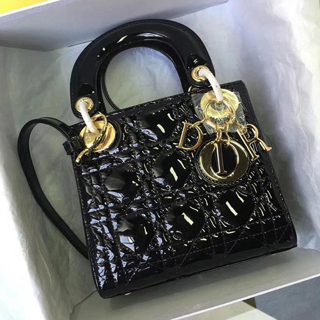 Christian Dior Lady Dior Bag with Chain 18cm Gold Hardware Cannage Patent Lambskin Leather Cruise 2017 Collection Black