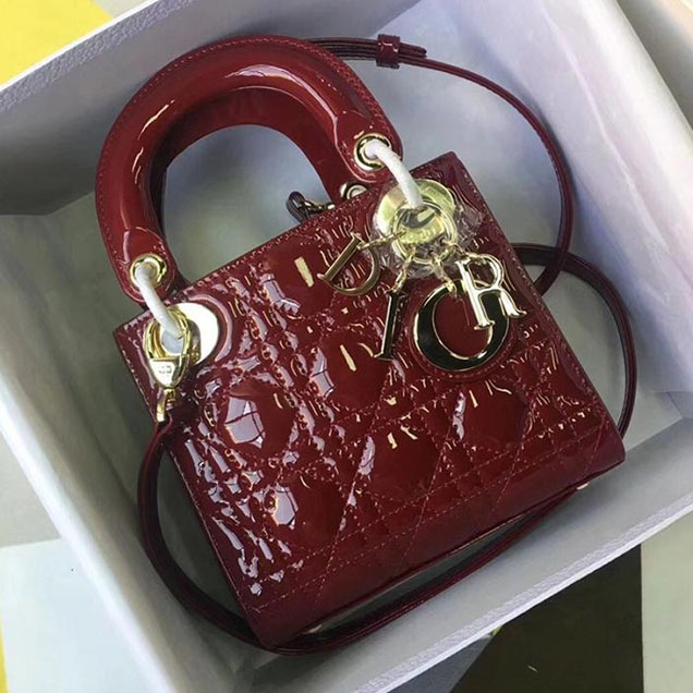 Christian Dior Lady Dior Bag with Chain 18cm Gold Hardware Cannage Patent Lambskin Leather Cruise 2017 Collection Cinnamon