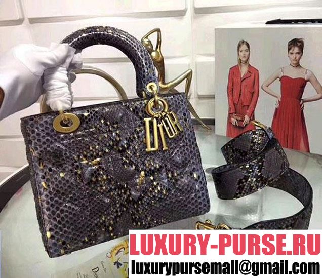 Christian Dior Lady Dior Bag with Python Skin 24cm Vintage Gold Hardware Lambskin Leather Cruise 2017 Collection Dark Grey Gold Black