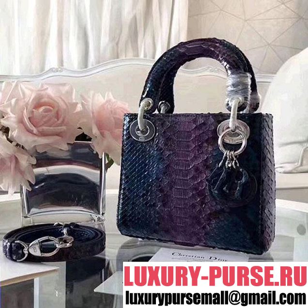 Christian Dior Lady Dior Bag with Python Skin 17cm Silver Hardware Lambskin Leather Cruise 2017 Collection Dark Purple Light Purple