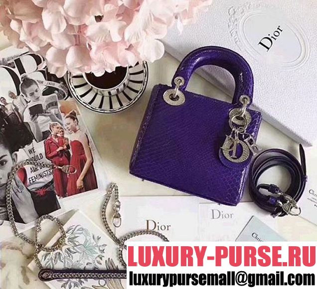 Christian Dior Lady Dior Bag with Python Skin 17cm Diamond Encrusted Silver Hardware Lambskin Leather Cruise 2017 Collection Purple