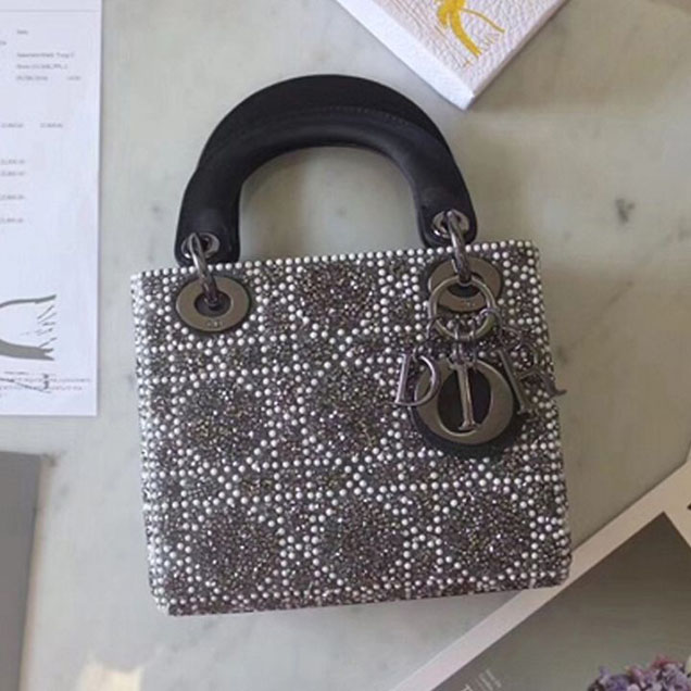 Limited Edition Customized Christian Dior Lady Dior Bag with Swavorski Crystals and Beads 17cm Silver Hardware Fall Winter 2017 Collection Silver Black