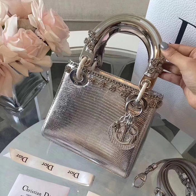 Christian Dior Lady Dior Bag with Charms 17cm Silver Hardware Lizard Skin Fall Winter 2017 Collection Silver