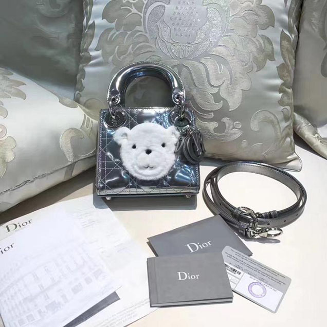 Christian Dior Bear Lady Dior Bag with Chain 17cm Silver Hardware Cannage Quilted Lambskin Leather Fall Winter 2017 Collection Silver