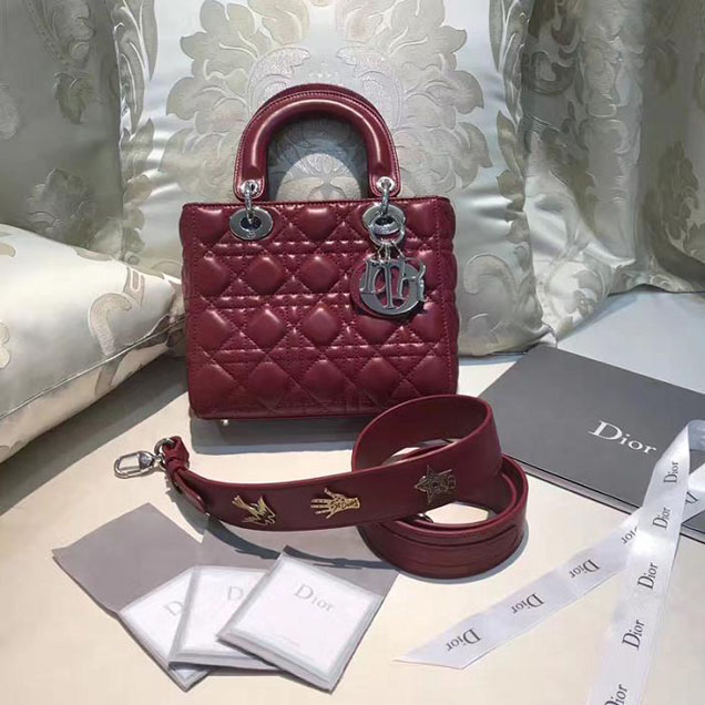 Christian Dior My Lady Dior Bag and Lucky Badges 20cm Silver Hardware Fall Winter 2017 Collection Red