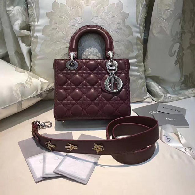 Christian Dior My Lady Dior Bag and Lucky Badges 20cm Silver Hardware Fall Winter 2017 Collection Burgundy