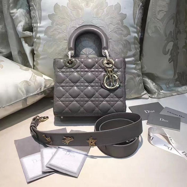 Christian Dior My Lady Dior Bag and Lucky Badges 20cm Gold Hardware Fall Winter 2017 Collection Grey