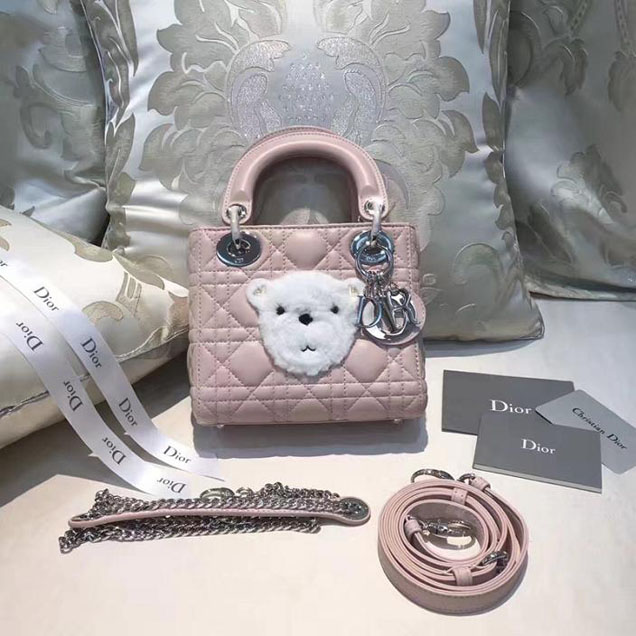 Christian Dior Bear Lady Dior Bag with Chain 17cm Silver Hardware Cannage Quilted Lambskin Leather Fall Winter 2017 Collection Light Pink