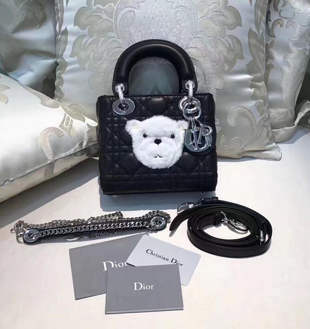 Christian Dior Bear Lady Dior Bag with Chain 17cm Silver Hardware Cannage Quilted Lambskin Leather Fall Winter 2017 Collection Black