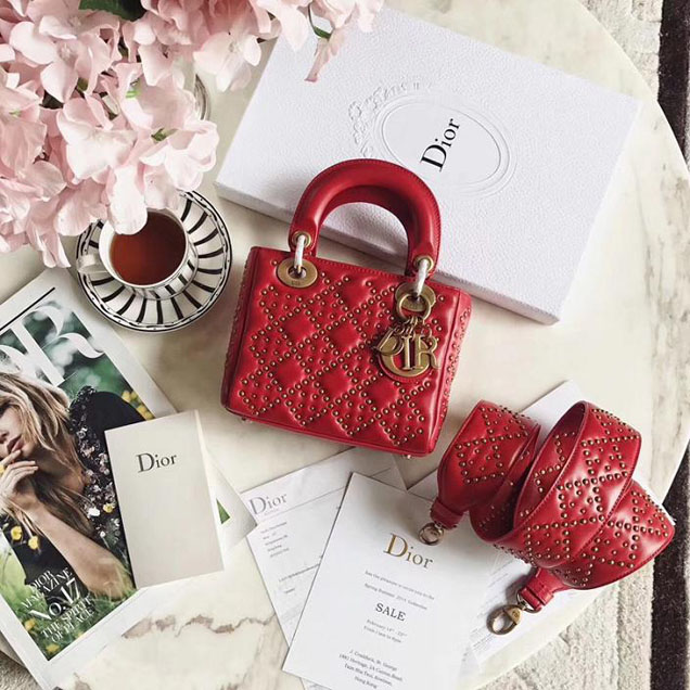 Christian Dior Supple Lady Dior Studded Tote Mini Bag with Wide Studded Strap 17cm Aged Gold Hardware Cannage Quilted Lambskin Leather Fall Winter 2017 Collection Red