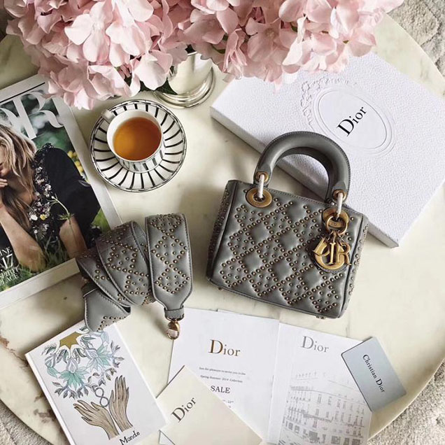 Christian Dior Supple Lady Dior Studded Tote Mini Bag with Wide Studded Strap 17cm Aged Gold Hardware Cannage Quilted Lambskin Leather Fall Winter 2017 Collection Grey