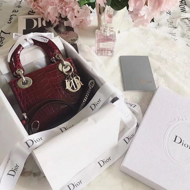 Christian Dior Lady Dior Bag with Chain 17cm Silver Hardware Nile Crocodile Lambskin Leather Fall Winter 2017 Collection Burgundy