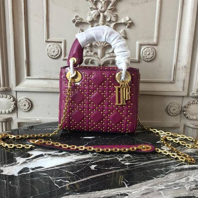 Christian Dior Supple Lady Dior Studded Tote Mini Bag with Wide Studded Strap 17cm Aged Gold Hardware Cannage Quilted Lambskin Leather Spring Summer 2018 Collection Grape