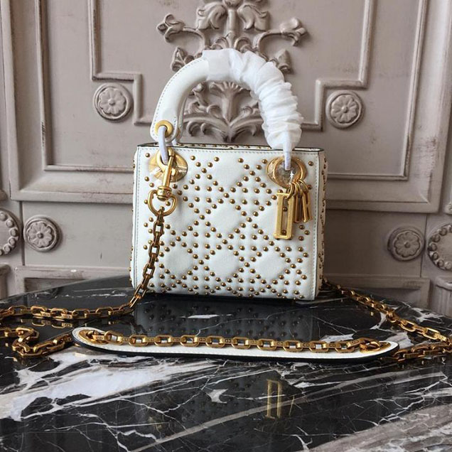 Christian Dior Supple Lady Dior Studded Tote Mini Bag with Wide Studded Strap 17cm Aged Gold Hardware Cannage Quilted Lambskin Leather Spring Summer 2018 Collection White