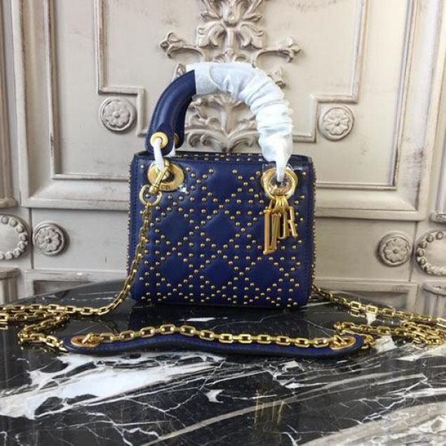 Christian Dior Supple Lady Dior Studded Tote Mini Bag with Wide Studded Strap 17cm Aged Gold Hardware Cannage Quilted Lambskin Leather Spring/Summer 2018 Collection, Navy Blue