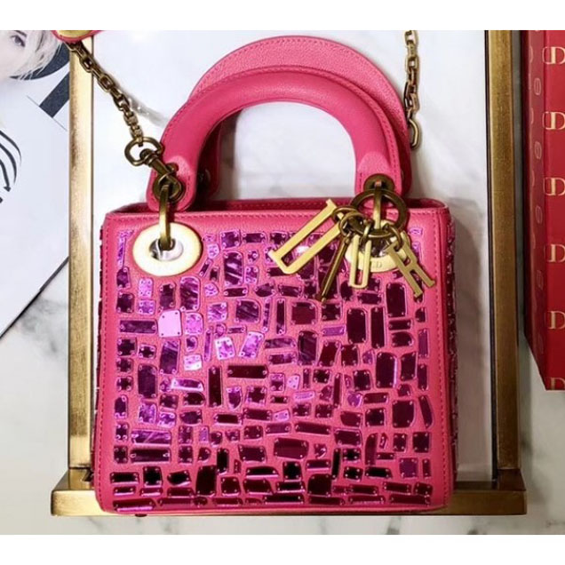 Christian Dior Lady Dior Mini Bag Pink with Chain Embroidered With A Mosaic Of Mirrors 2018