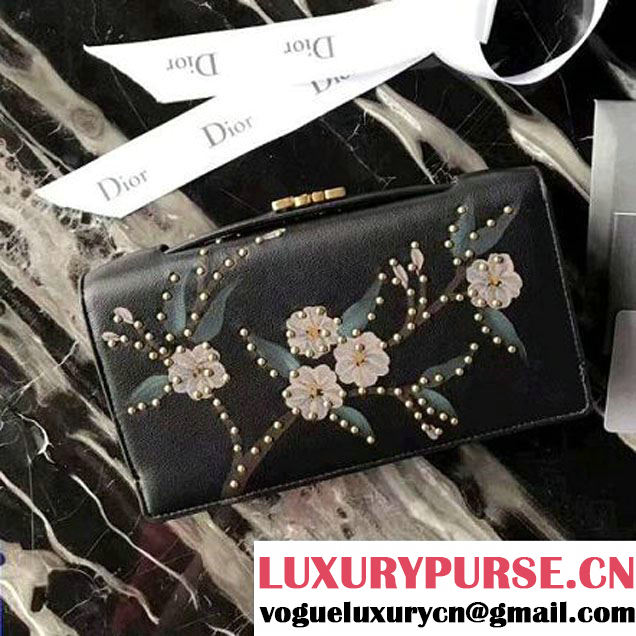 Dior Tarot Pouch in Black Studded and Painted Flowers Calfskin 2017 (2A055-7062327 )