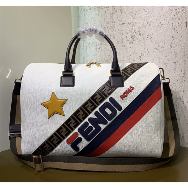 Fendi Mania Logo Boston Travel Bag White 2018