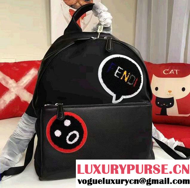 Fendi Black Leather with Shearling Applique Bla Bla Bla Faces Backpack Bag 2016