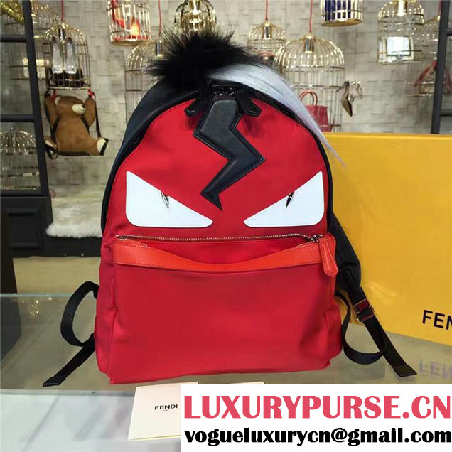 Fendi Monster Backpack with Fur Crest Leather Boston 34cm Bag Resort 2017 Collection Black Red Beige White