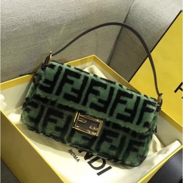 Fendi Baguette Wool FF Logo Shoulder Bag Green 2018