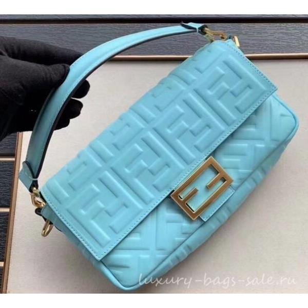 Fendi All-Over FF Motif Leather Medium Baguette Bag Pale Blue 2019