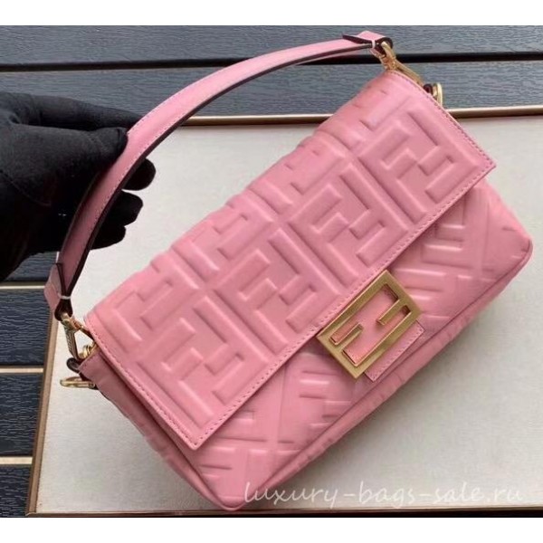 Fendi All-Over FF Motif Leather Medium Baguette Bag Pink 2019