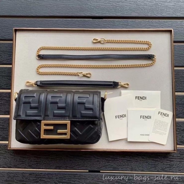 Fendi All-Over FF Motif Leather Mini Baguette Bag Black 2019