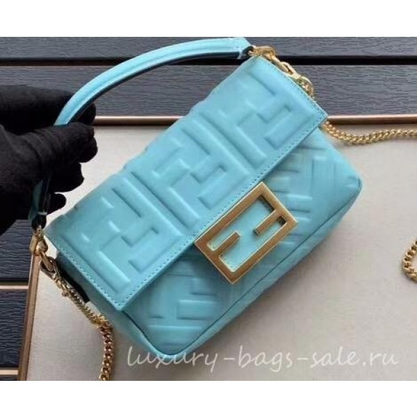 Fendi All-Over FF Motif Leather Mini Baguette Bag Pale Blue 2019