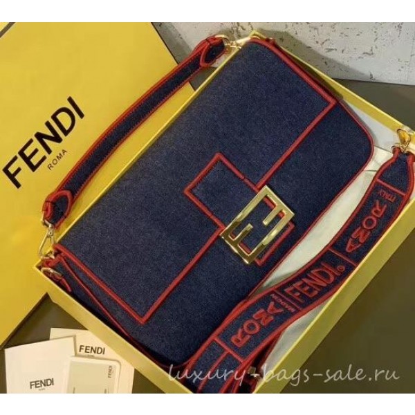 Fendi Denim Baguette Large Flap Bag Blue/Red 2019