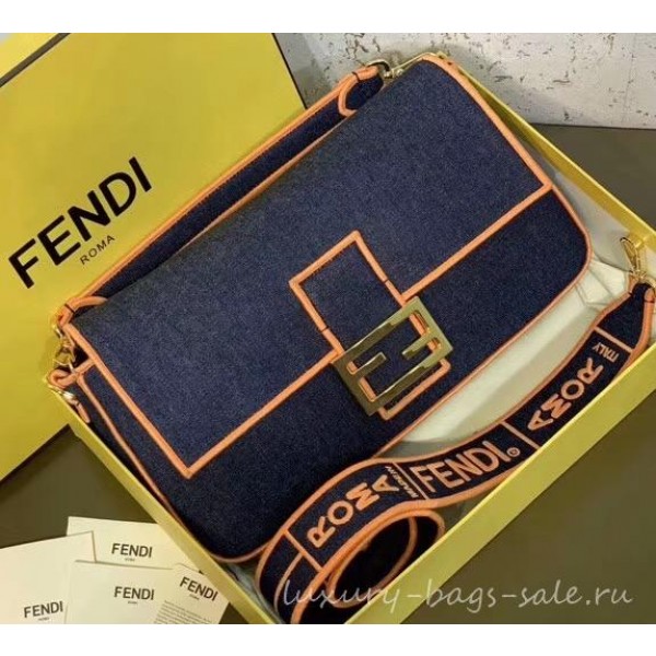 Fendi Denim Baguette Large Flap Bag Blue/Orange 2019