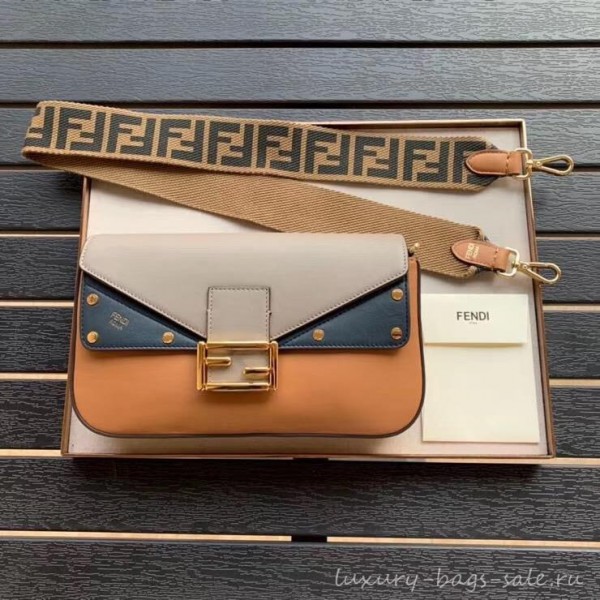 Fendi Studded Baguette Flap Shoulder Bag Pearl Gray/Blue/Apricot 2019