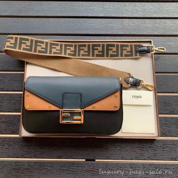 Fendi Studded Baguette Flap Shoulder Bag Blue/Apricot/Black 2019