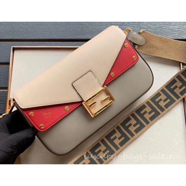 Fendi Studded Baguette Flap Shoulder Bag Beige/Red/Pearl Gray 2019