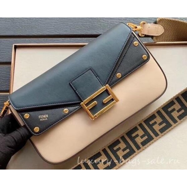 Fendi Studded Baguette Flap Shoulder Bag Blue/Black/Beige 2019