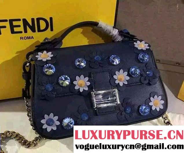 Fendi Leather Flowerland Double Micro Baguette Bag Dark Blue/Gray 2016