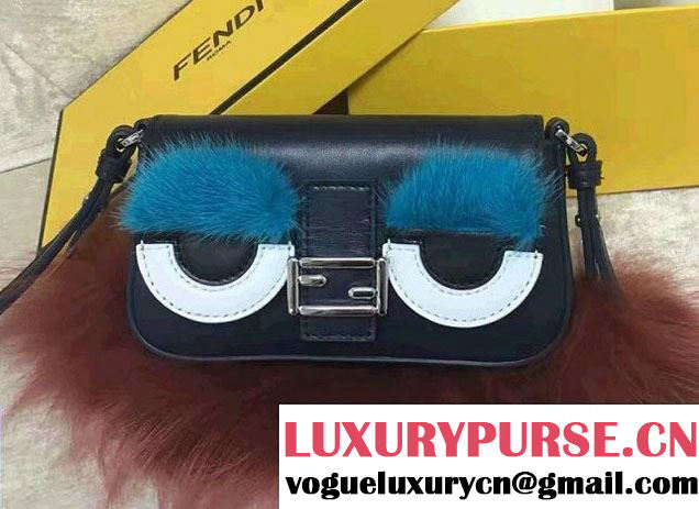 Fendi Soft Nappa Leather And Fur Micro Baguette Bag Black/Blue/Brown 2016