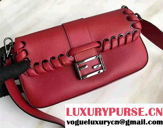 Fendi Baguette Cocoa Calfskin Leather With Weave Edge Shoulder Bag Red 2017