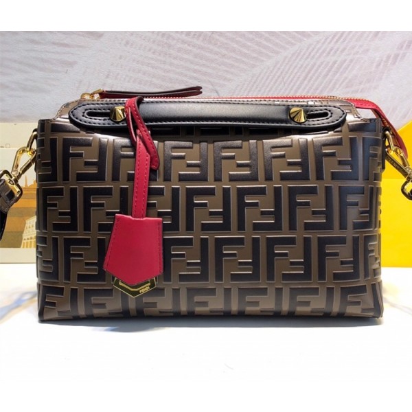 Fendi By The Way Boston Bag in Raised FF Leather Dark Brown 2018