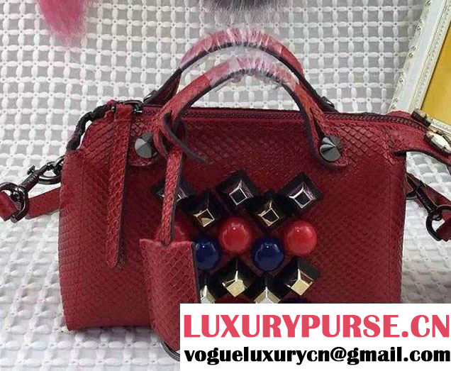 Fendi Python Pattern Mental Studs And Horsehair Mini By The Way Boston Bag Red with Rhinestones 2015