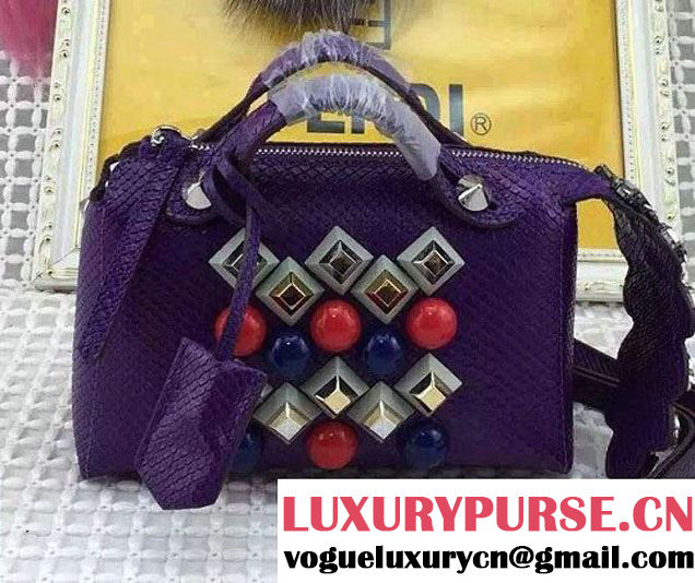 Fendi Python Pattern Mental Studs And Horsehair Mini By The Way Boston Bag Purple with Rhinestones 2015